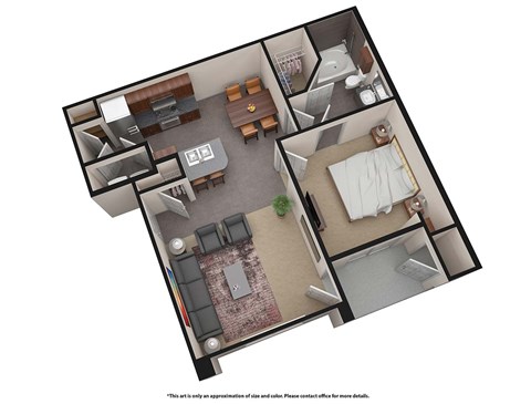 A 3D floor plan of a small apartment with a kitchen, living room, and bedroom.